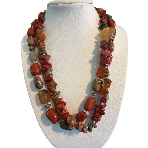 Jewelry - Vtg 3 Strand Necklace Quartz Jasper Beads Silver Tone Cold 17" Estate  95.18g